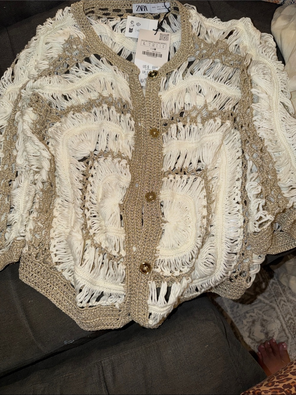 ZARA Cream and Gold Open-Knit Fringe Cardigan